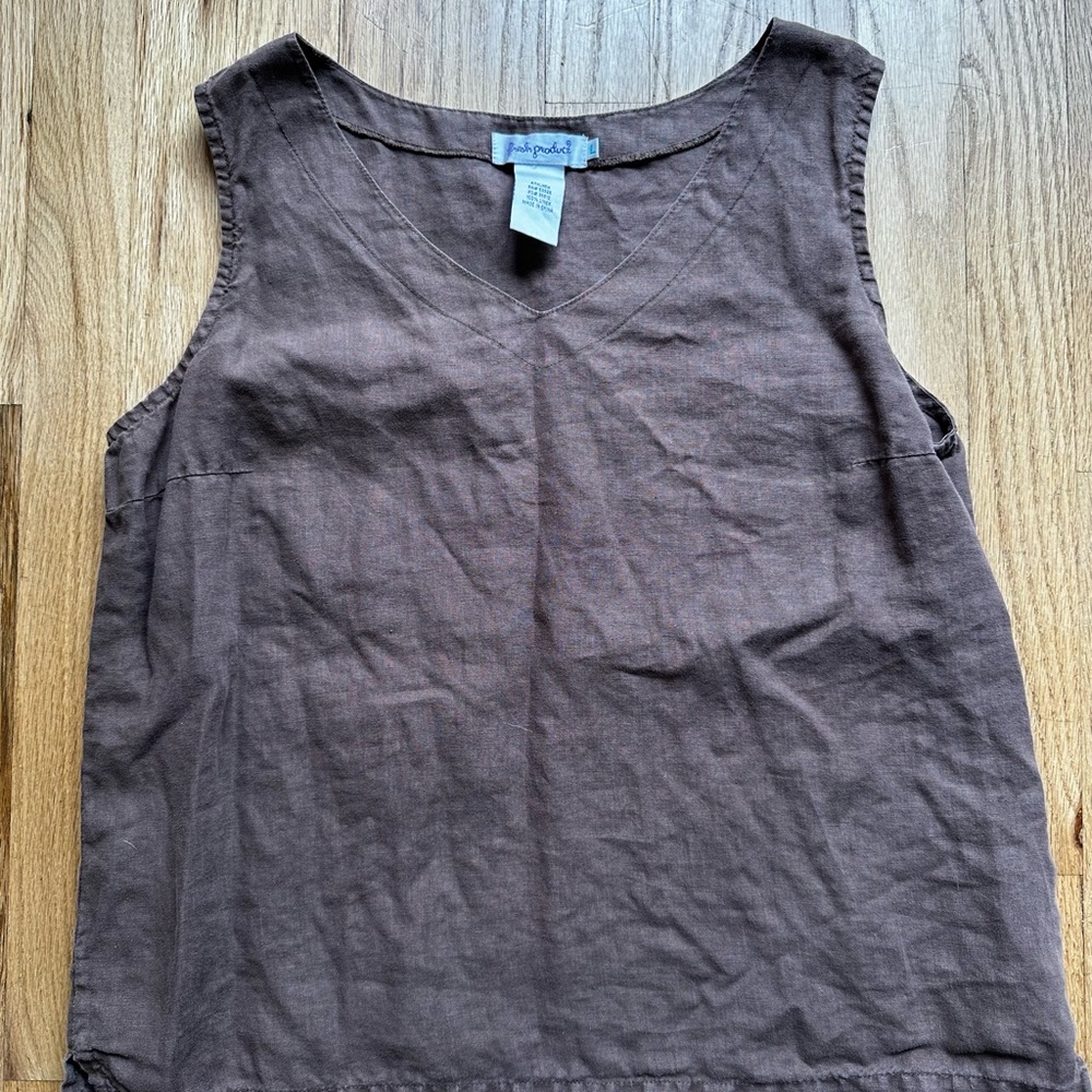 Brown Sleeveless Linen V-Neck Tank